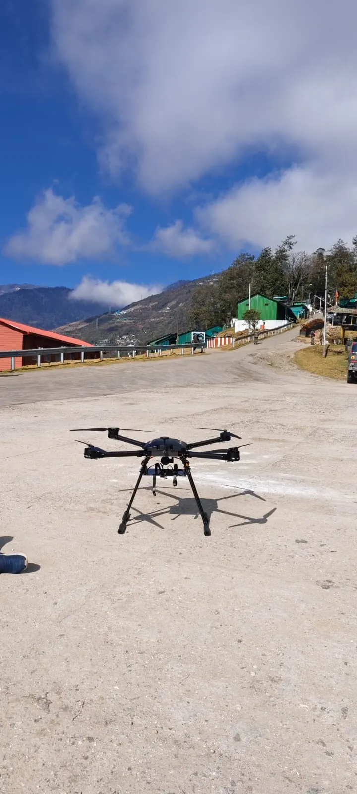 Infantry Safe Line drone hovering at a mountain base